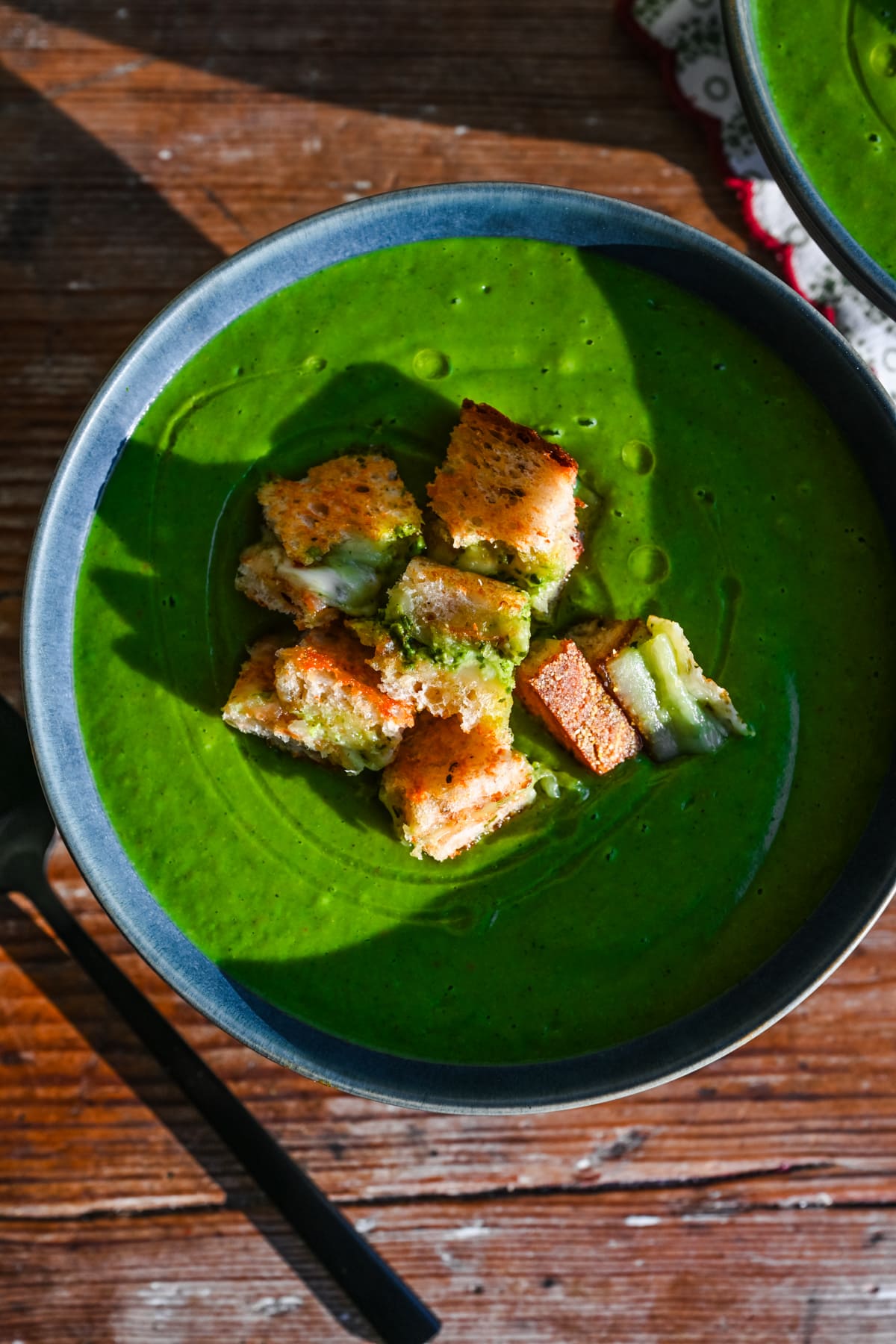 Overhead view of potato leek soup.