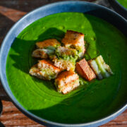 Overhead view of potato leek soup.