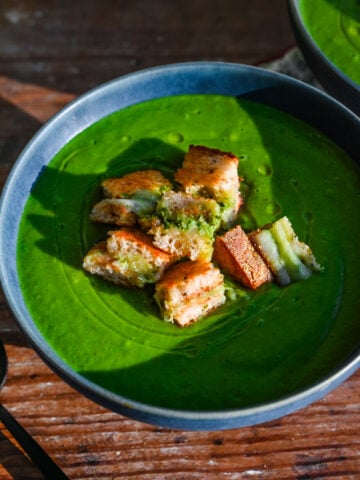 Overhead view of potato leek soup.