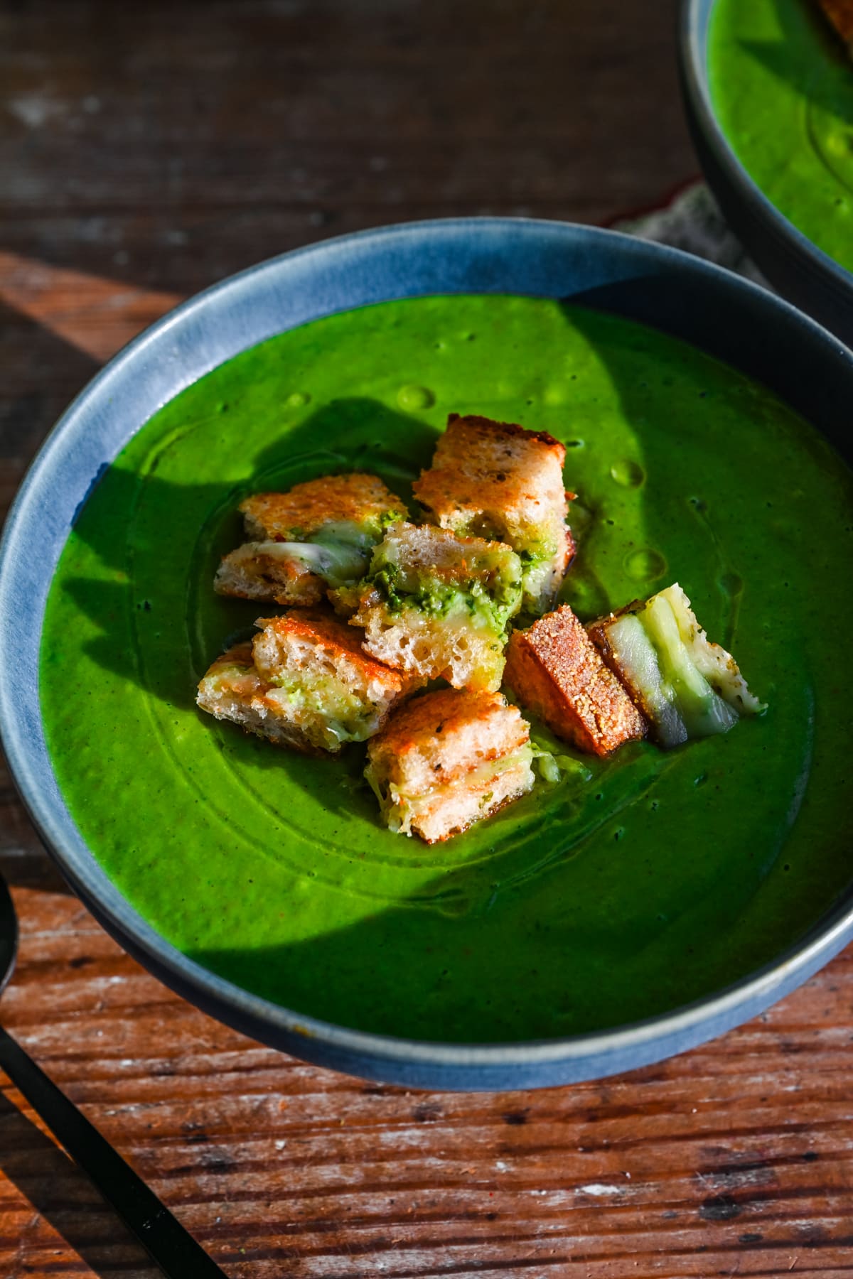 Overhead view of potato leek soup.