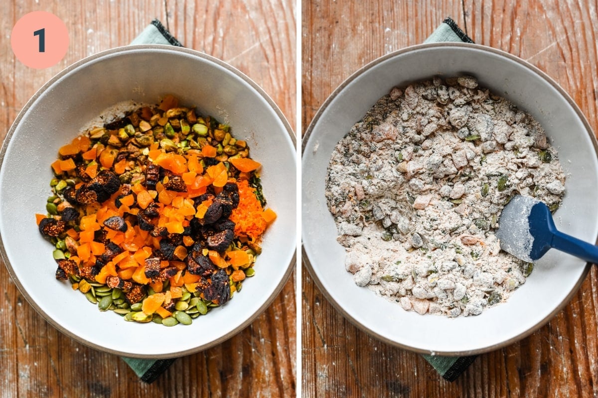 Overhead view of ingredients being stirred together with flour.