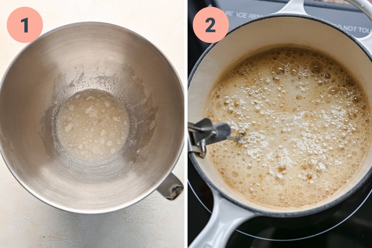 Overhead view of blooming gelatin and cooking simple syrup.