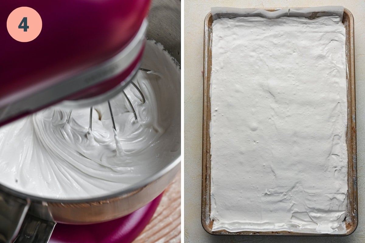 Pouring marshmallow mixture into a greased sheet pan.