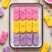 Overhead view of peeps on a sheet tray.
