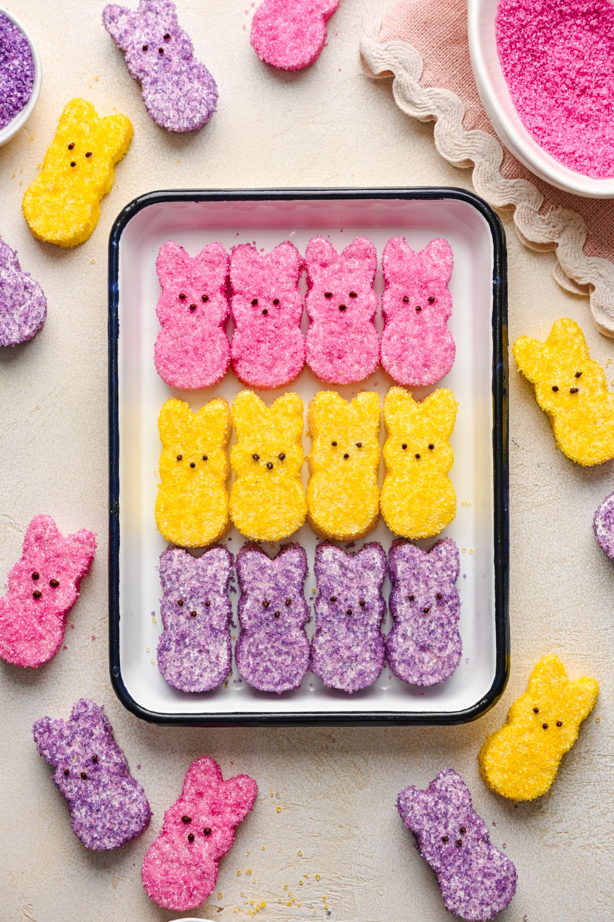 Overhead view of peeps on a sheet tray.