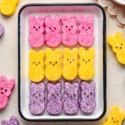 Overhead view of peeps on a sheet tray.