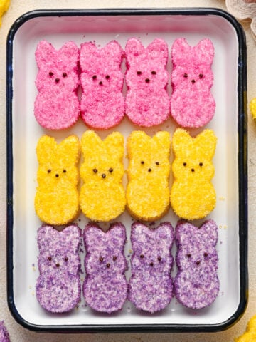 Overhead view of peeps on a sheet tray.