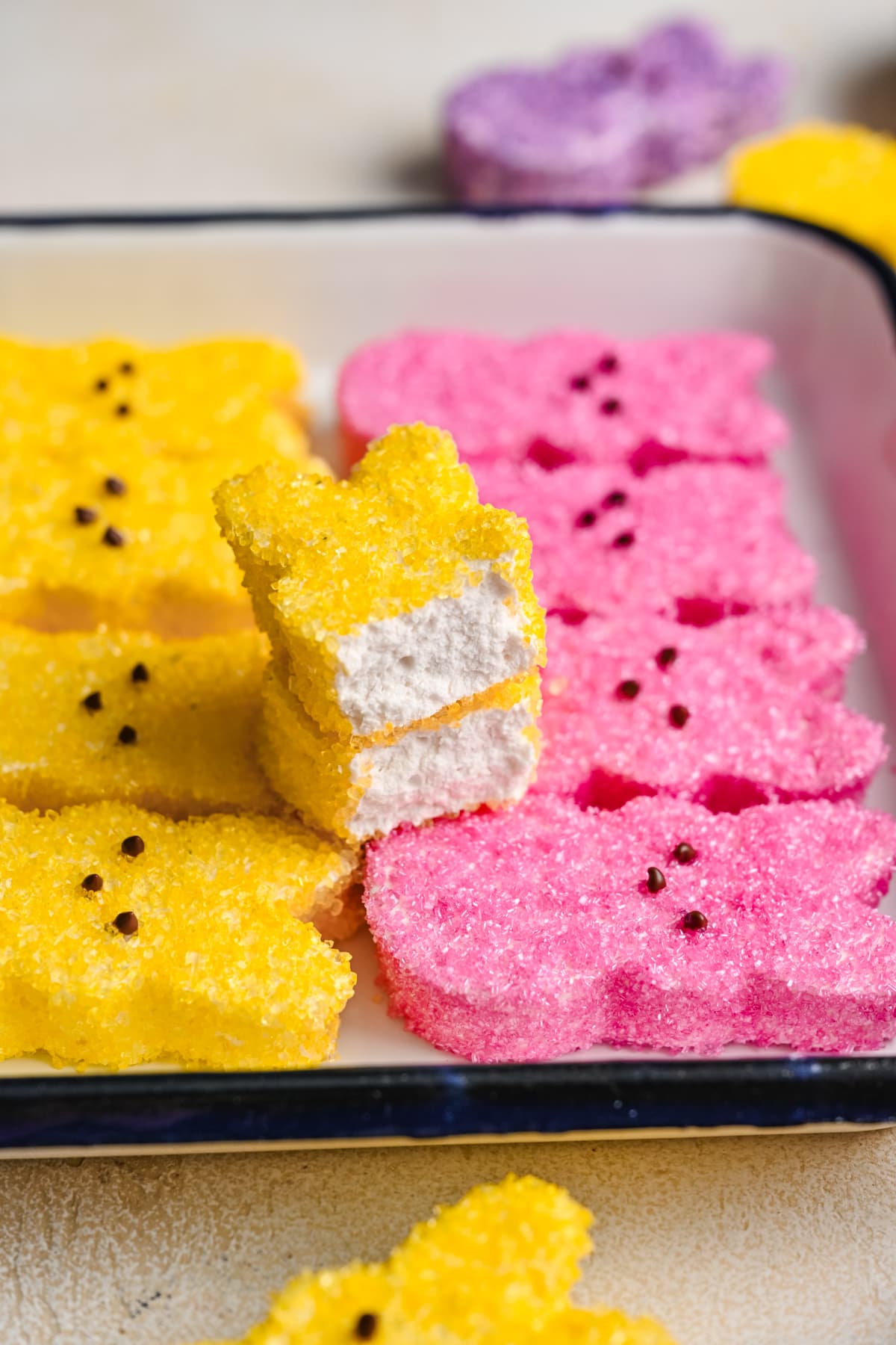 Front view of peep split in half to reveal marshmallow texture.