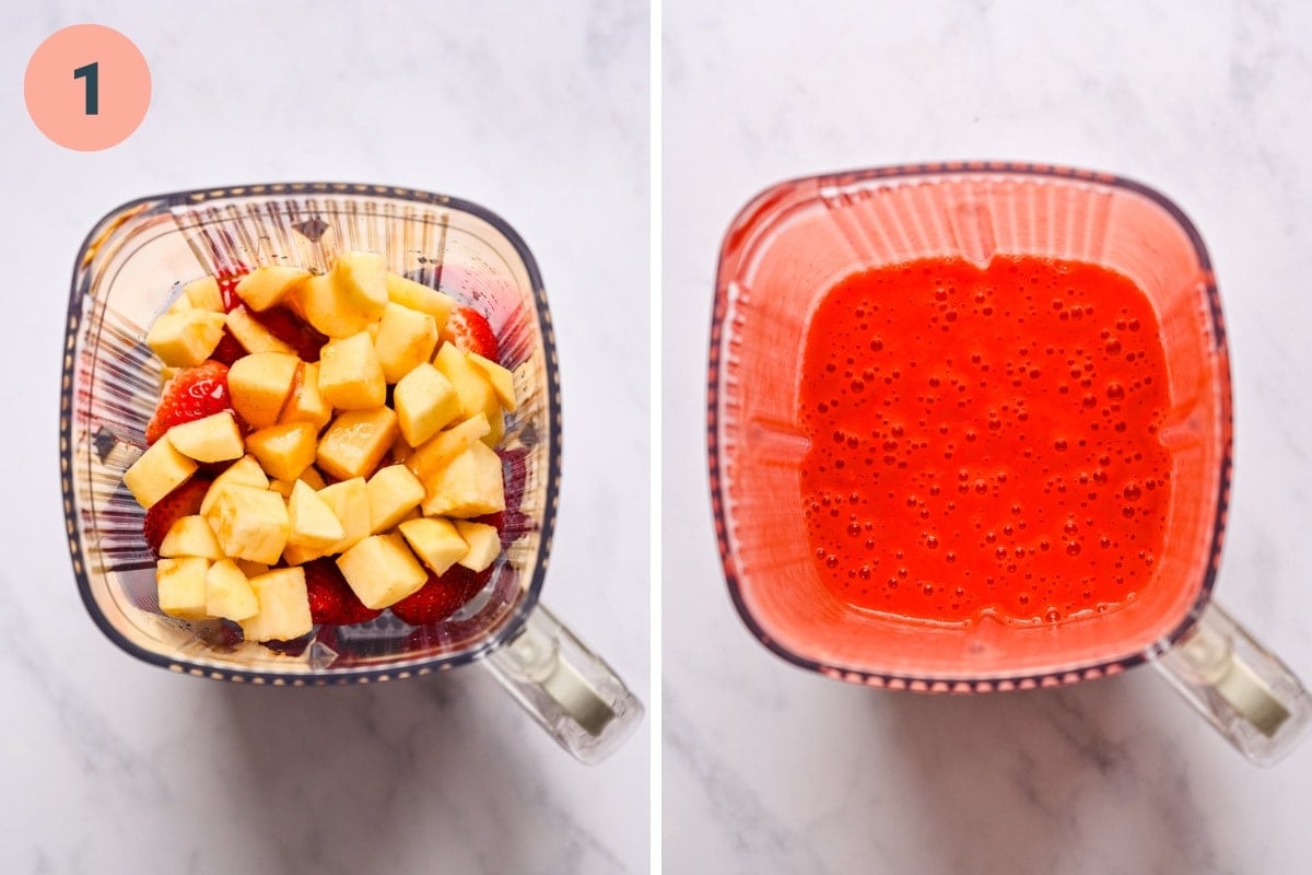 Before and after blending strawberry fruit leather mixture.