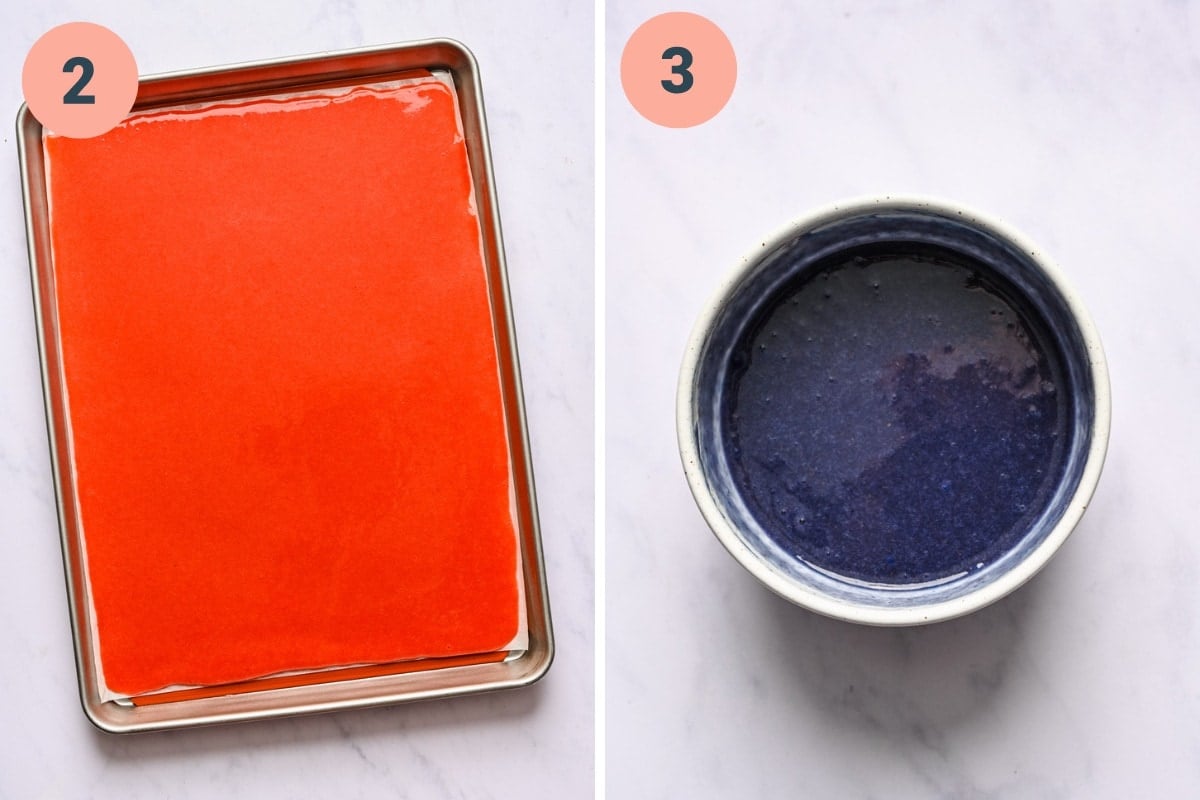 on the left: strawberry mixture spread out on sheet pan. on the right: blue mixture in bowl.