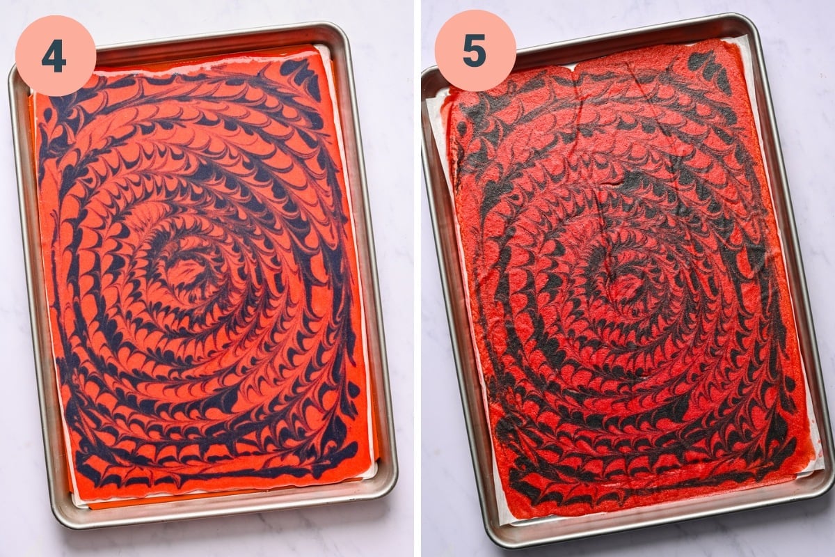 Before and after baking tie dye strawberry fruit leather.