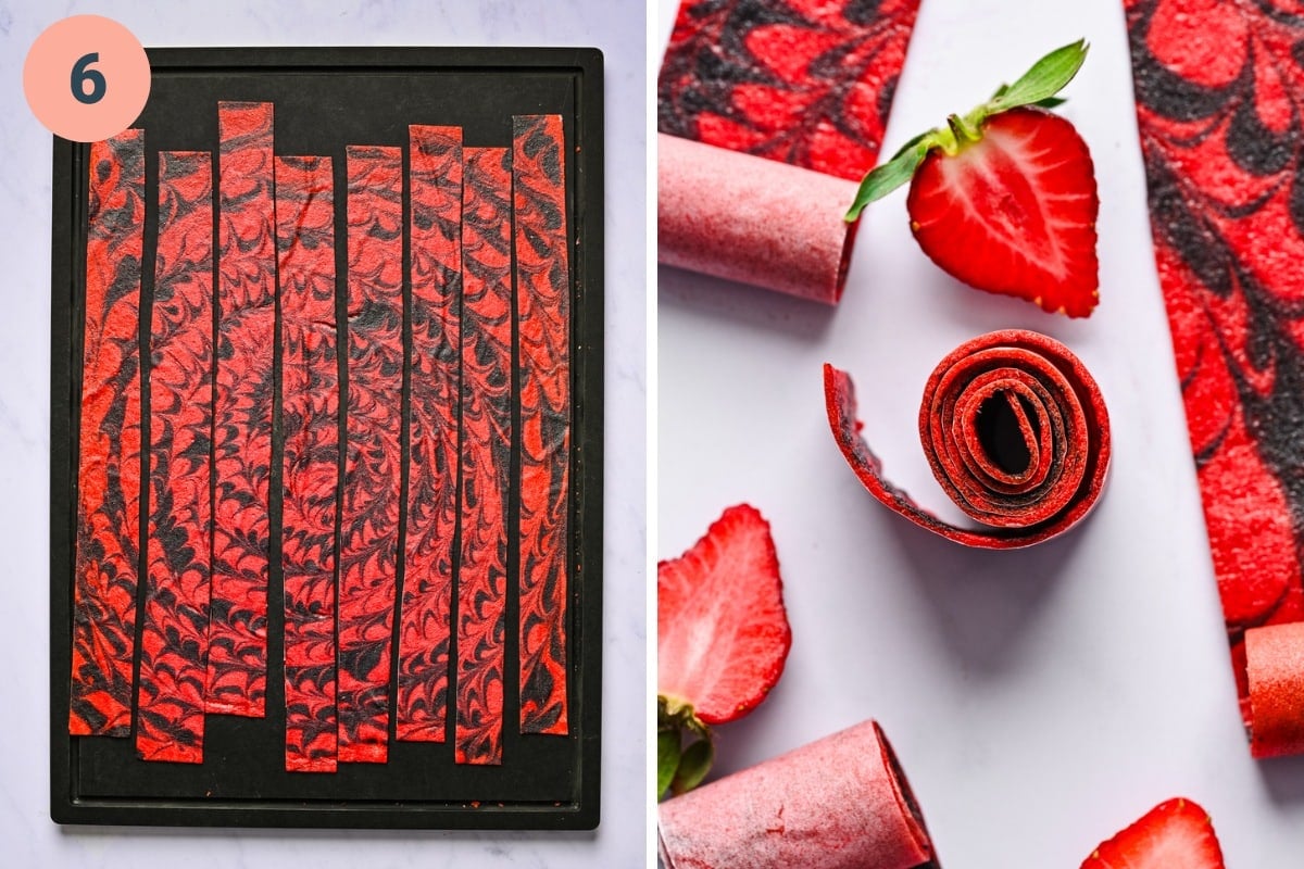 Strawberry fruit leather cut into strips and then rolled up.