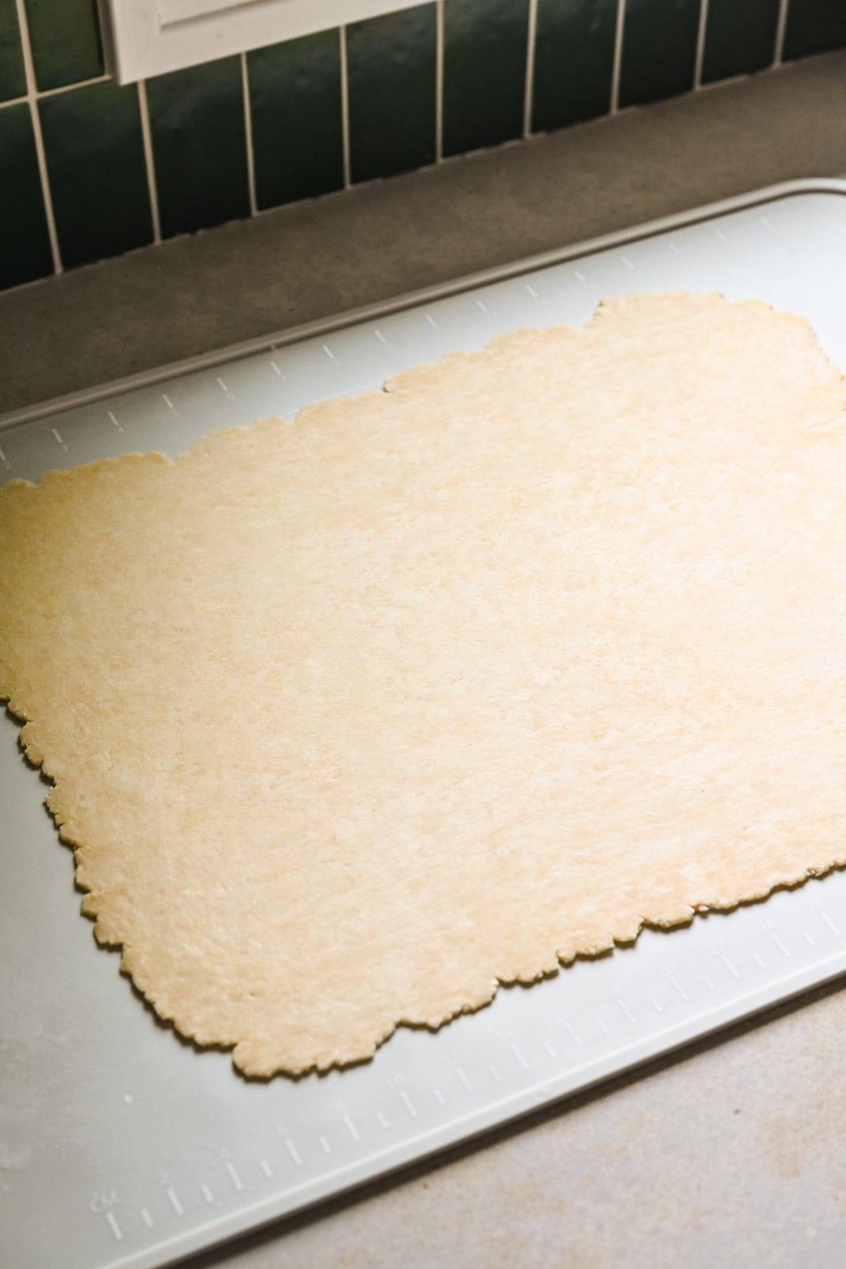 Overhead view of pop tart dough after being rolled out.