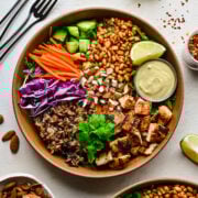 Vibrant healthy grain bowl with grilled chicken, fresh vegetables, and creamy avocado dressing.