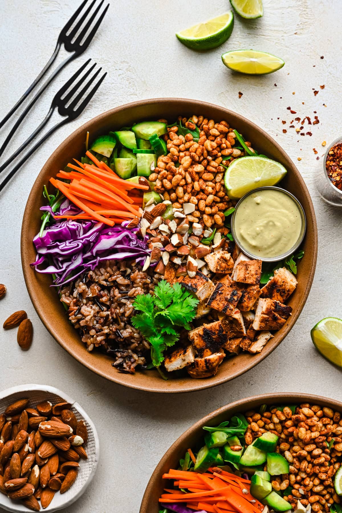 Overhead view of crispy rice bowl in a brown bowl.