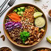 Overhead view of finished crispy rice bowl.