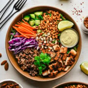 Overhead view of finished crispy rice bowl.