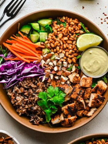 Overhead view of finished crispy rice bowl.