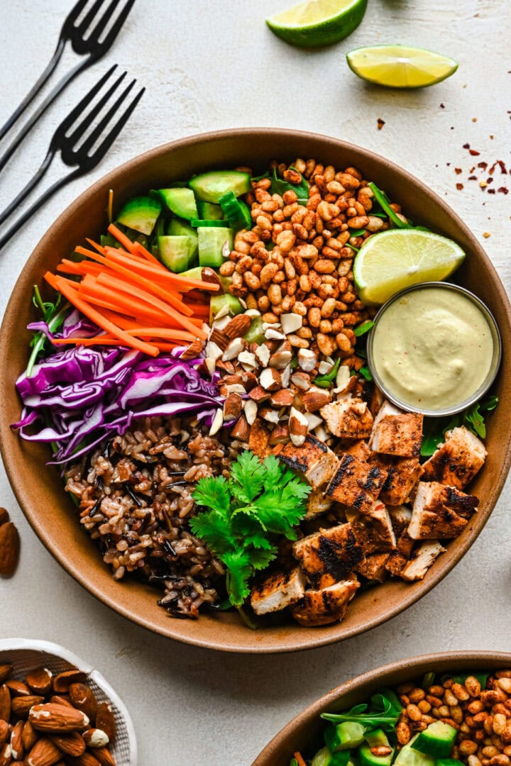 Overhead view of crispy rice bowl without dressing.