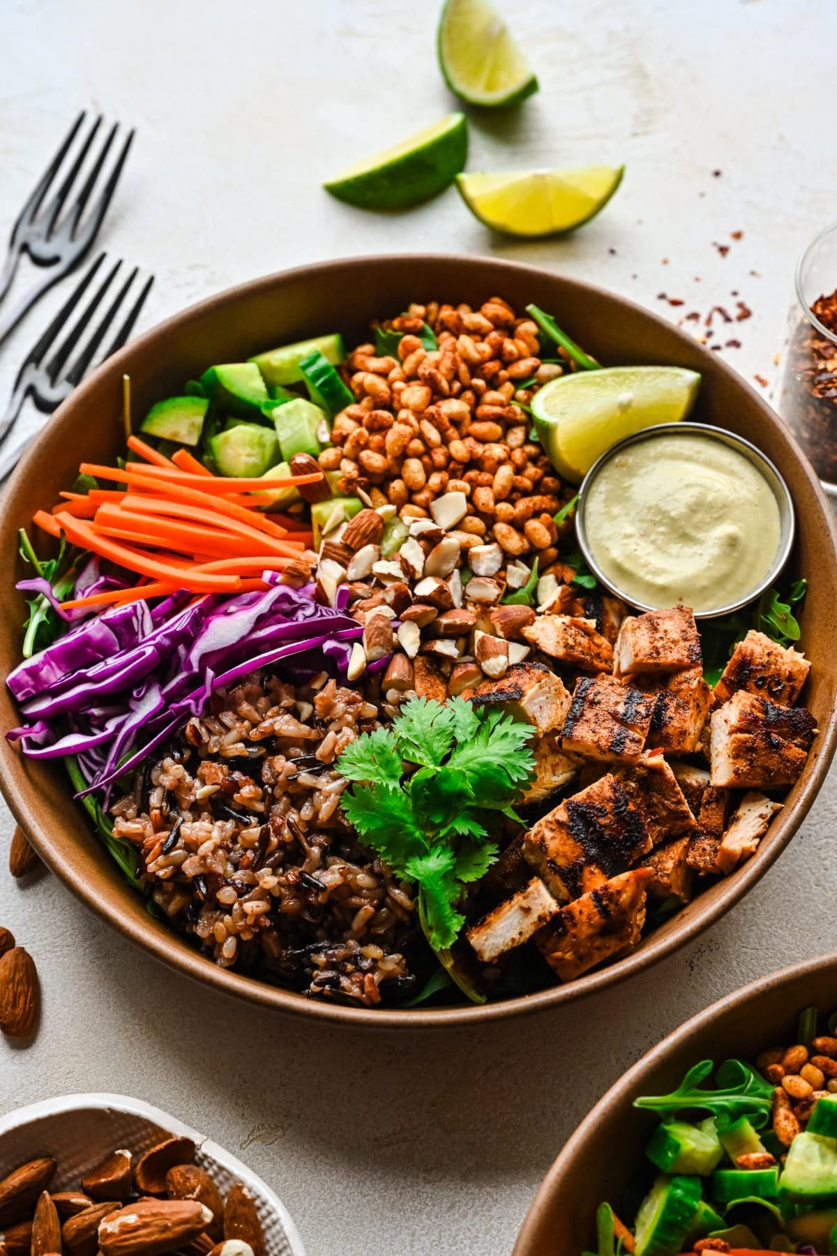 Side view of crispy rice bowl in a brown bowl.