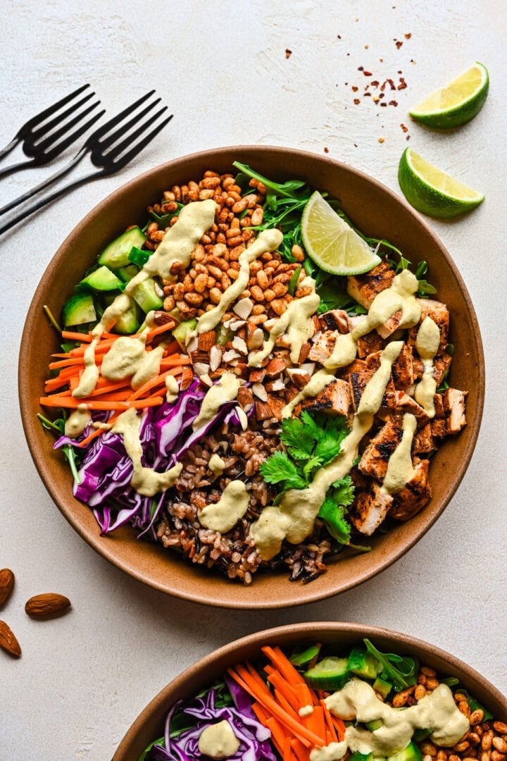 Crispy rice bowl after dressing is added on top.