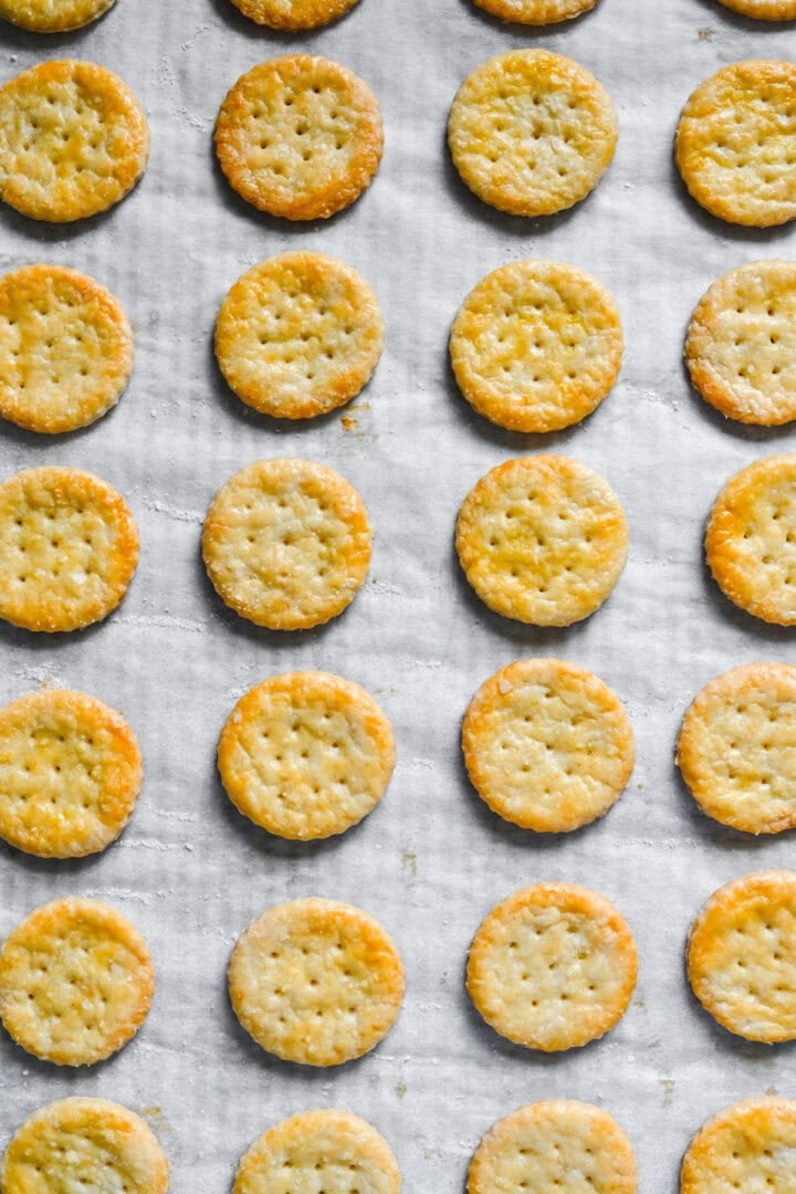 Overhead view of crackers after being removed from oven.