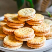 Front view of ritz peanut butter sandwiches on a plate.