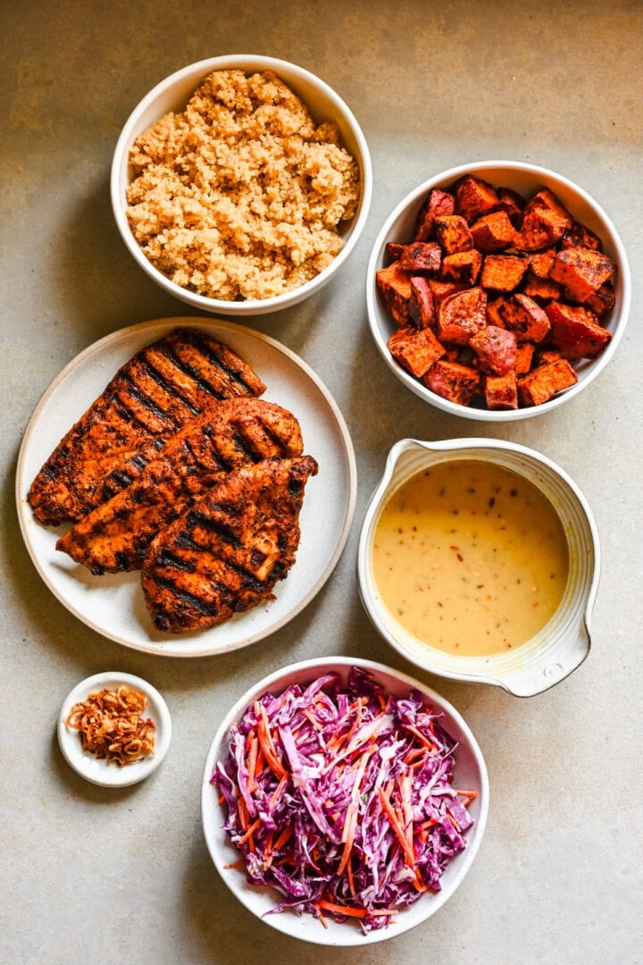 Overhead view of hot honey chicken components.