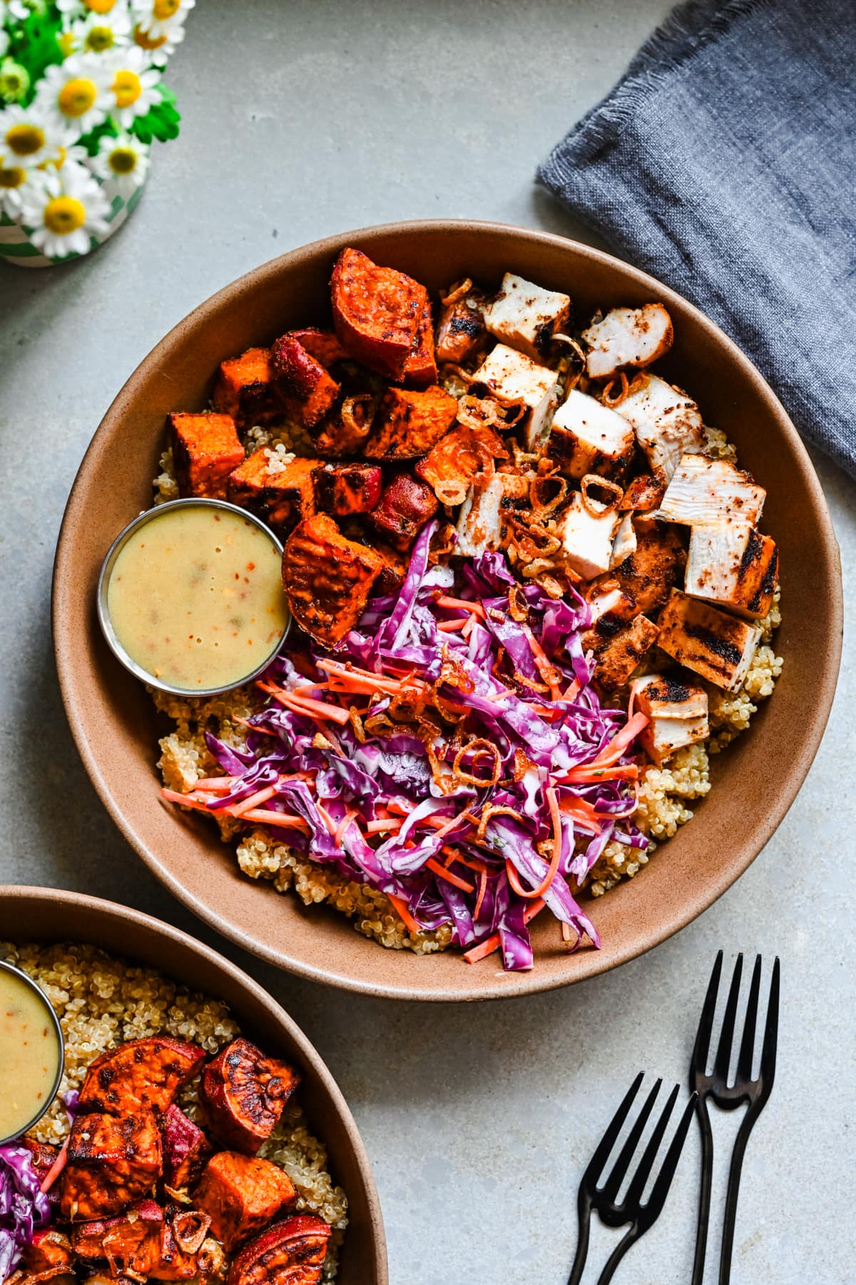 Overhead view of hot honey chicken plate.