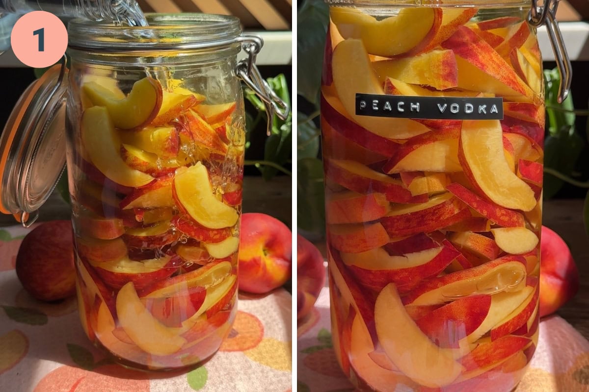 Pouring vodka into a jar filled with peaches and then showing the jar labeled with 'peach vodka'.