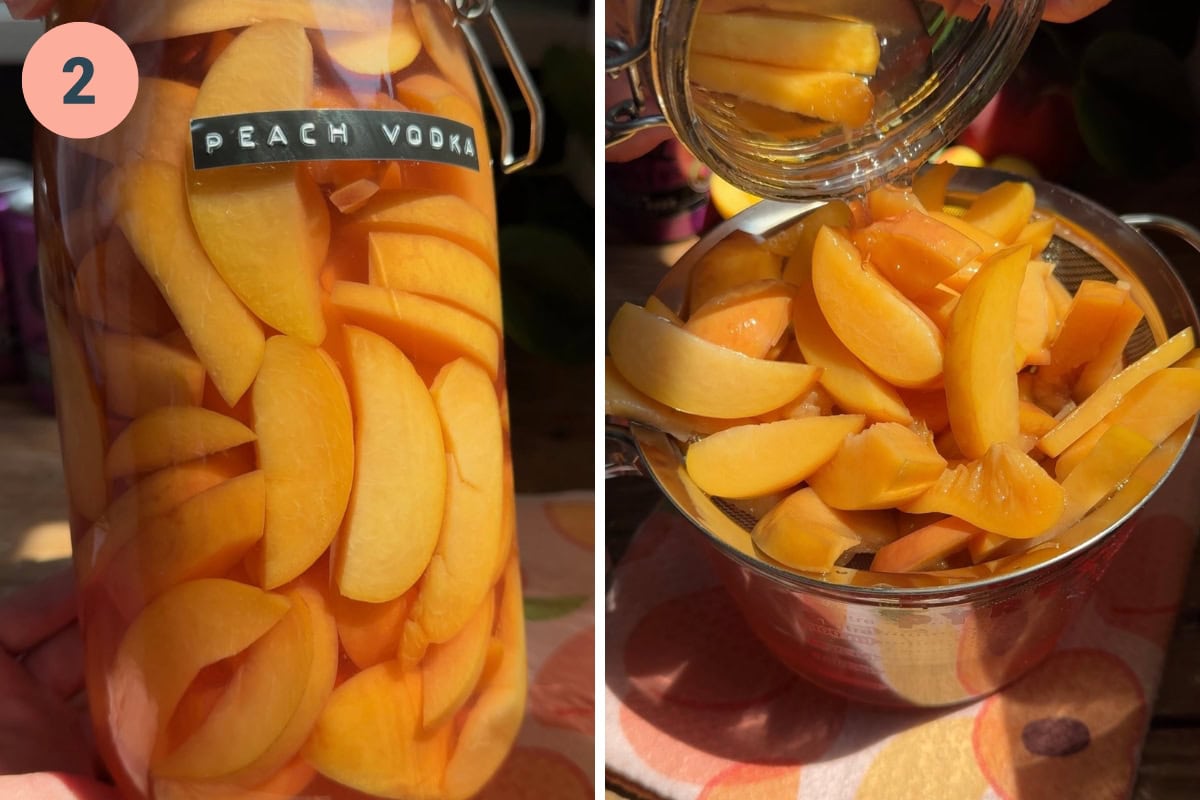 Showing finished peach vodka, then straining the peaches through a sieve.