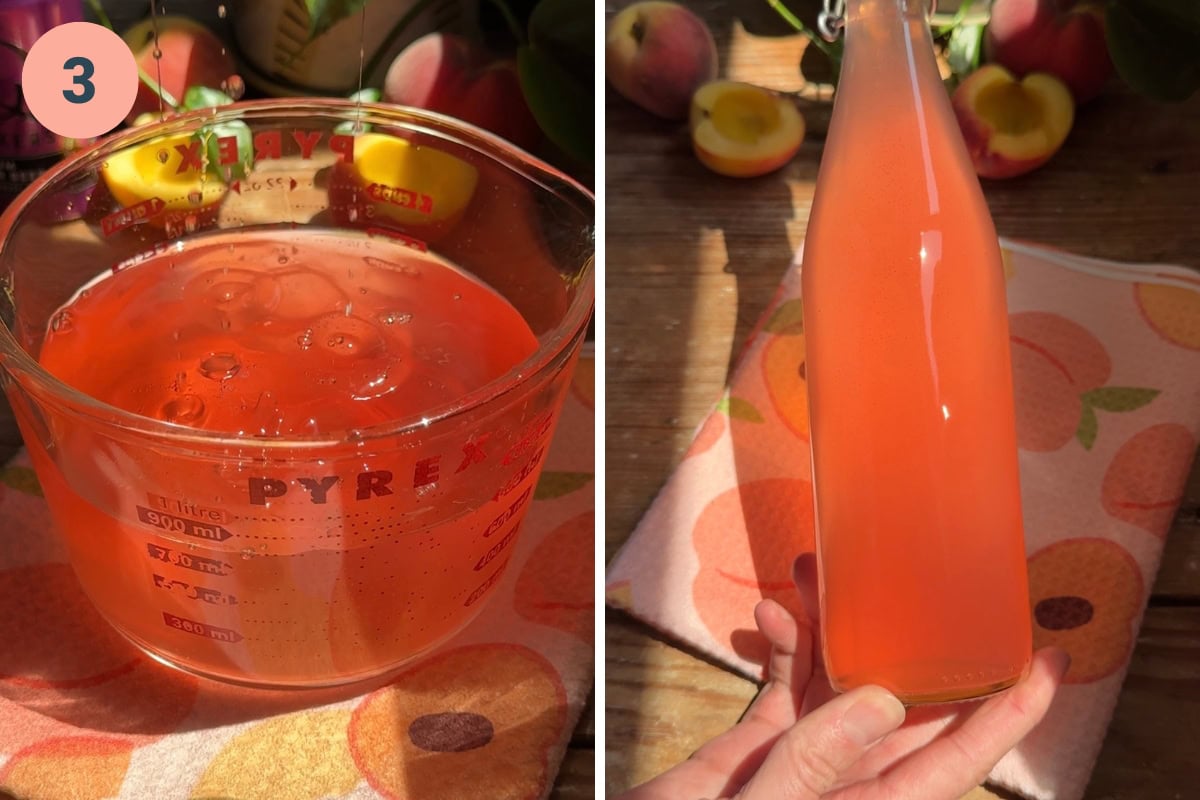Showing the strained peach vodka in a measuring cup and a bottle.