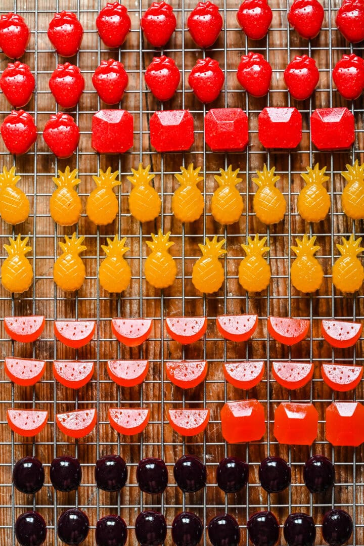 Fruit snacks on a wire drying rack.