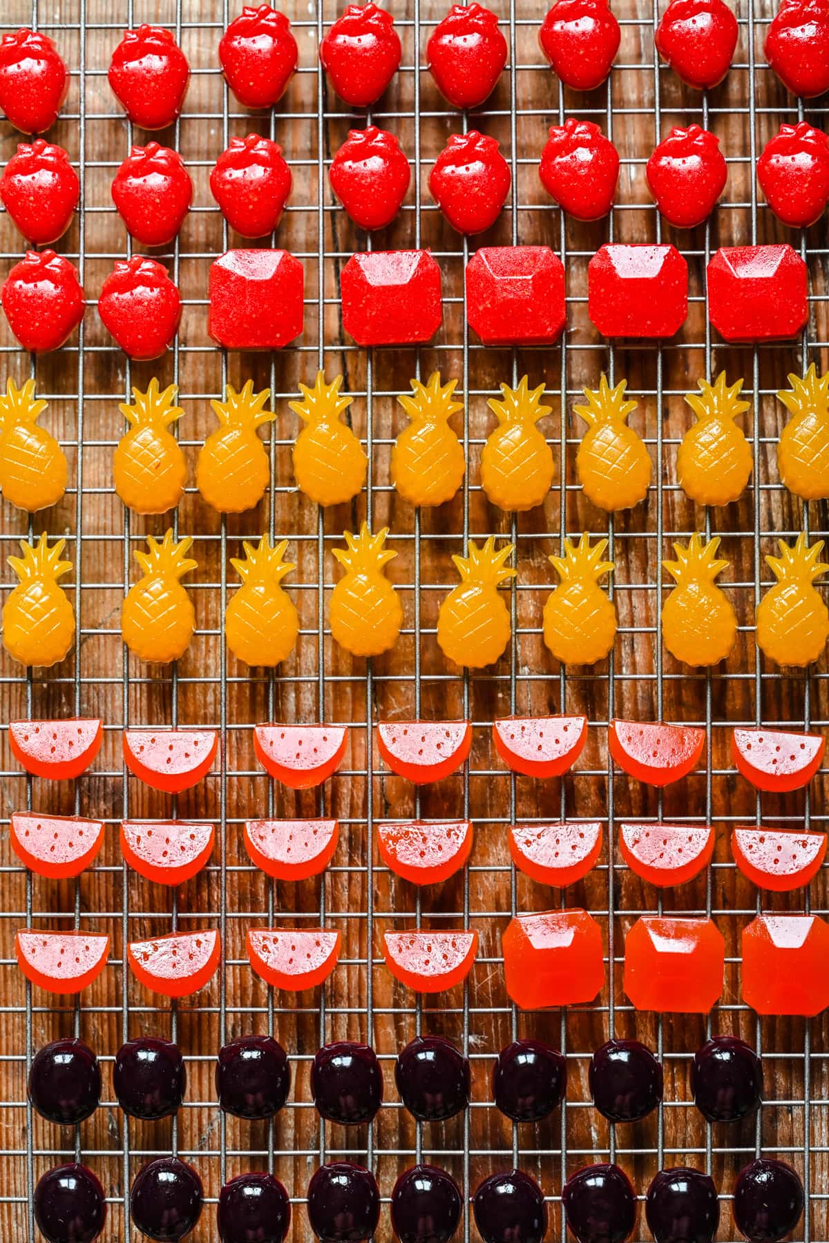 Fruit snacks on a wire drying rack.