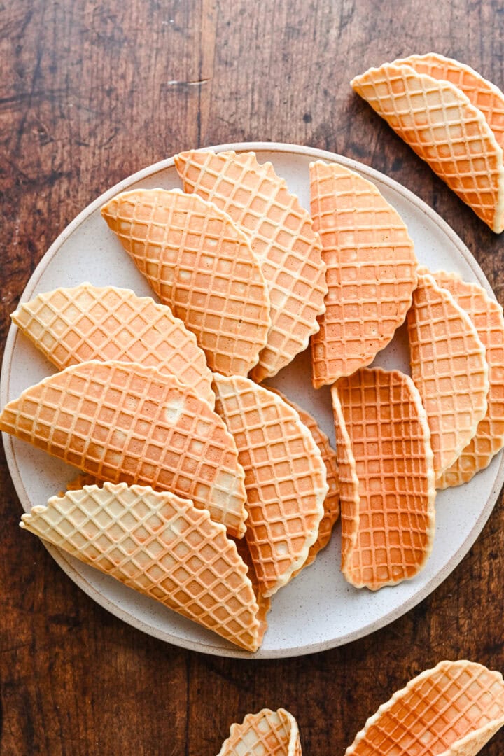 Overhead view of shaped waffle tacos.