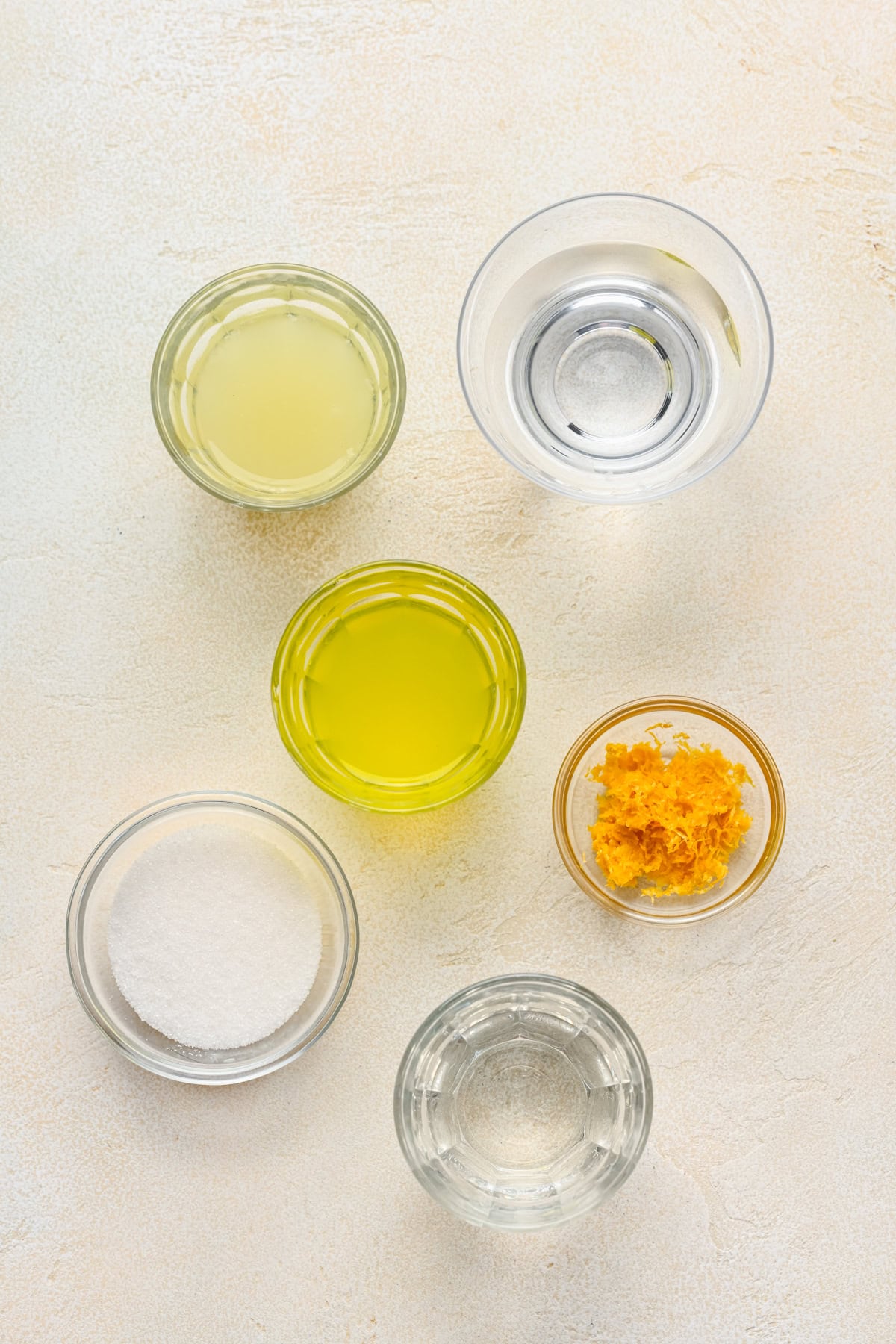 Overhead view of limoncello martini ingredients.