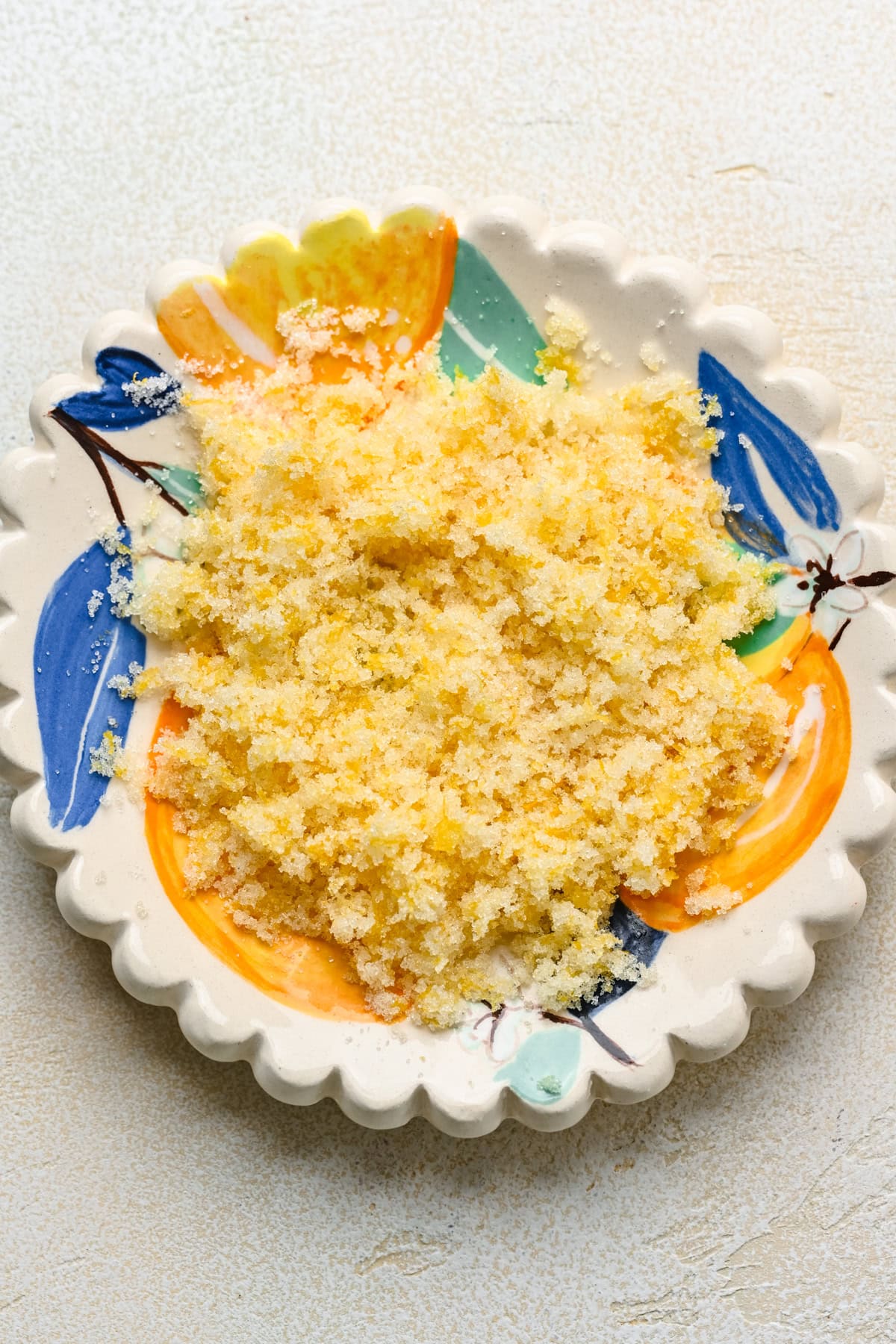 Overhead view of sugar and lemon zest mixture