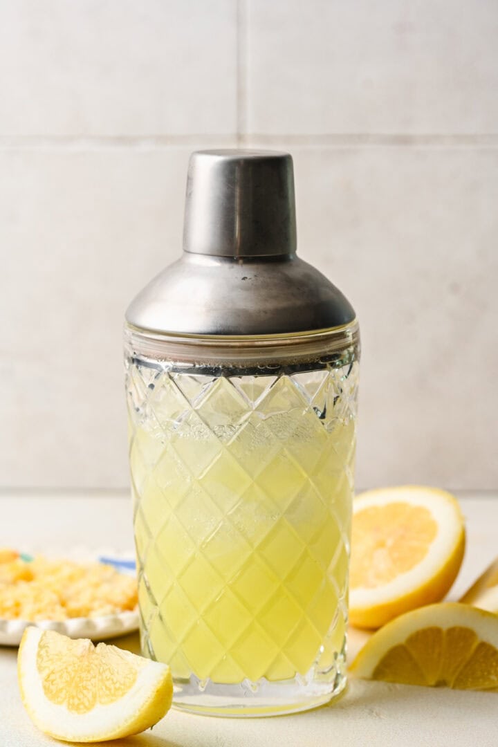Limoncello martini in a cocktail shaker.