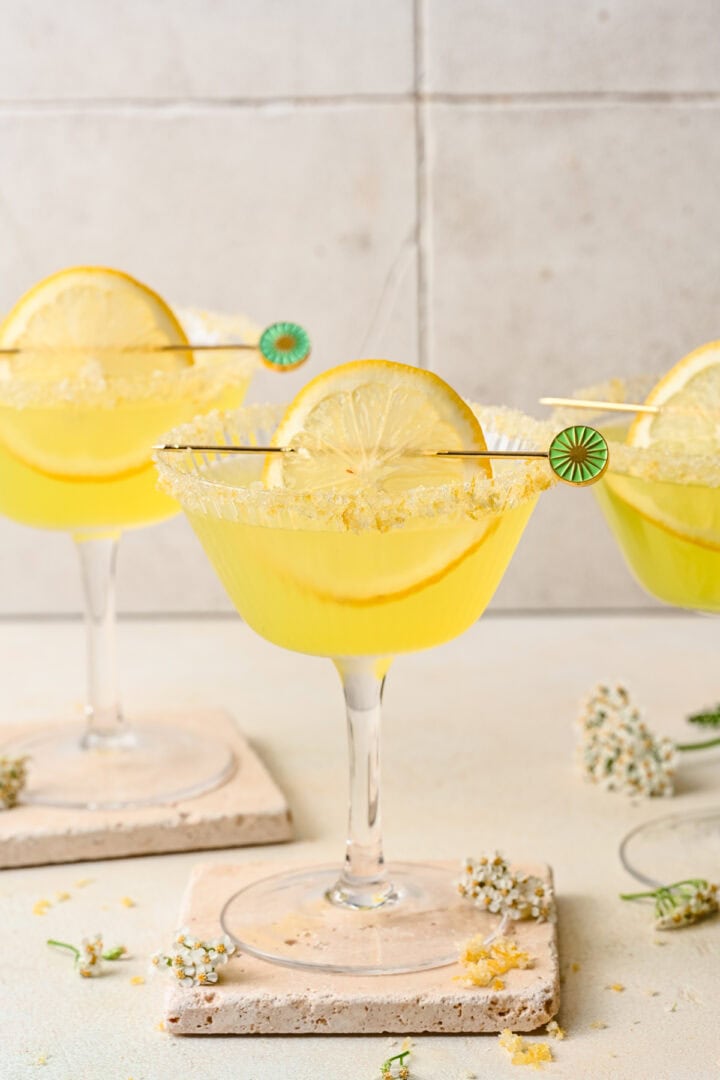 Side view of limoncello martini in a martini glass.