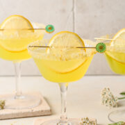 Side view of limoncello martini in a martini glass.