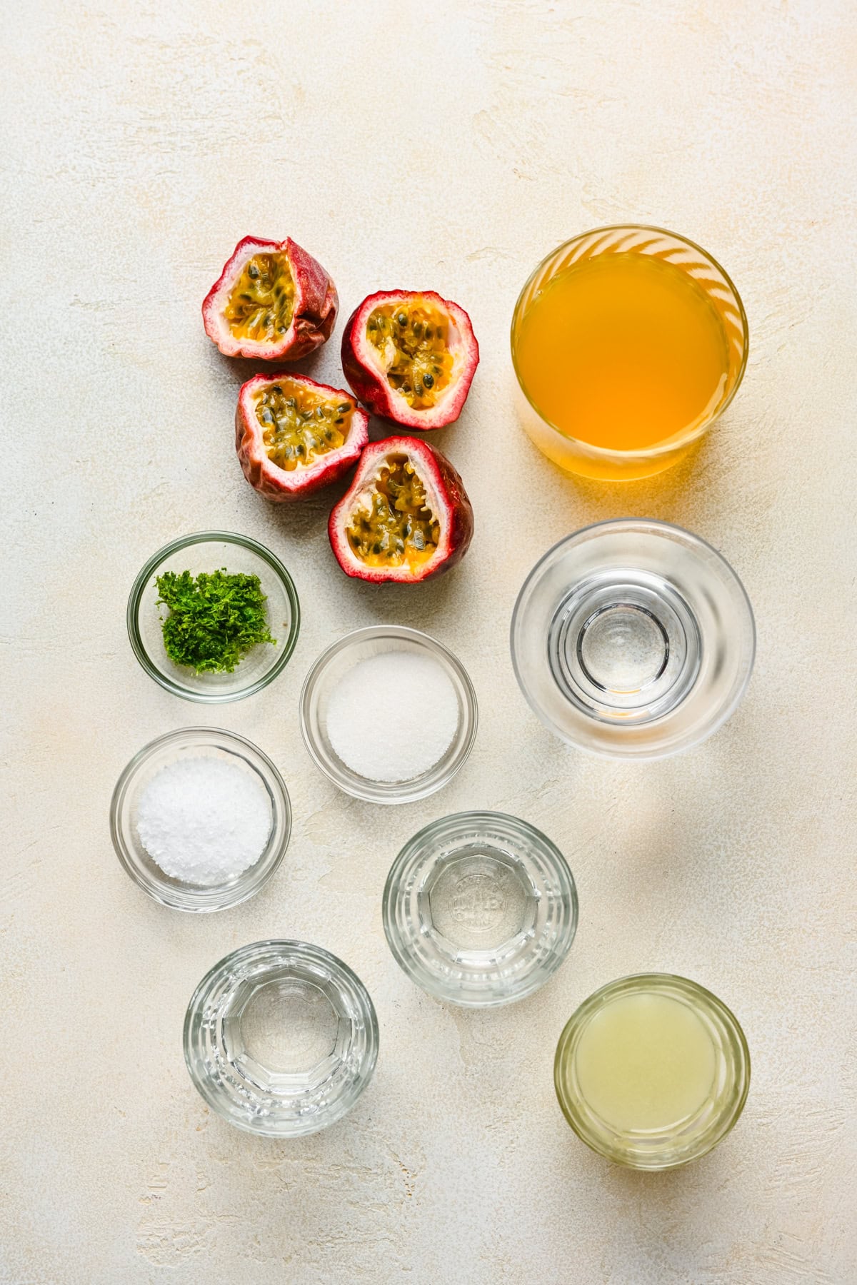 Overhead view of passionfruit margarita ingredients.