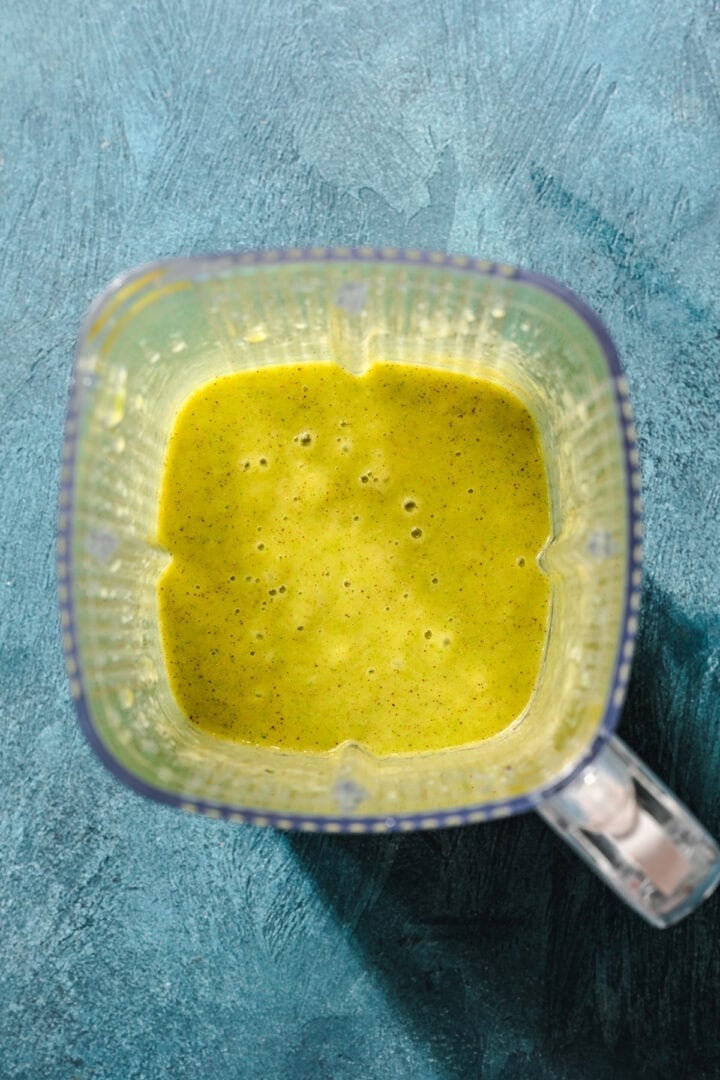 Overhead view of pineapple kiwi mixture.