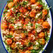 Overhead view of melon and prosciutto salad.