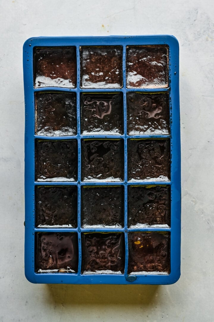 Overhead view of frozen expresso martini cubes.