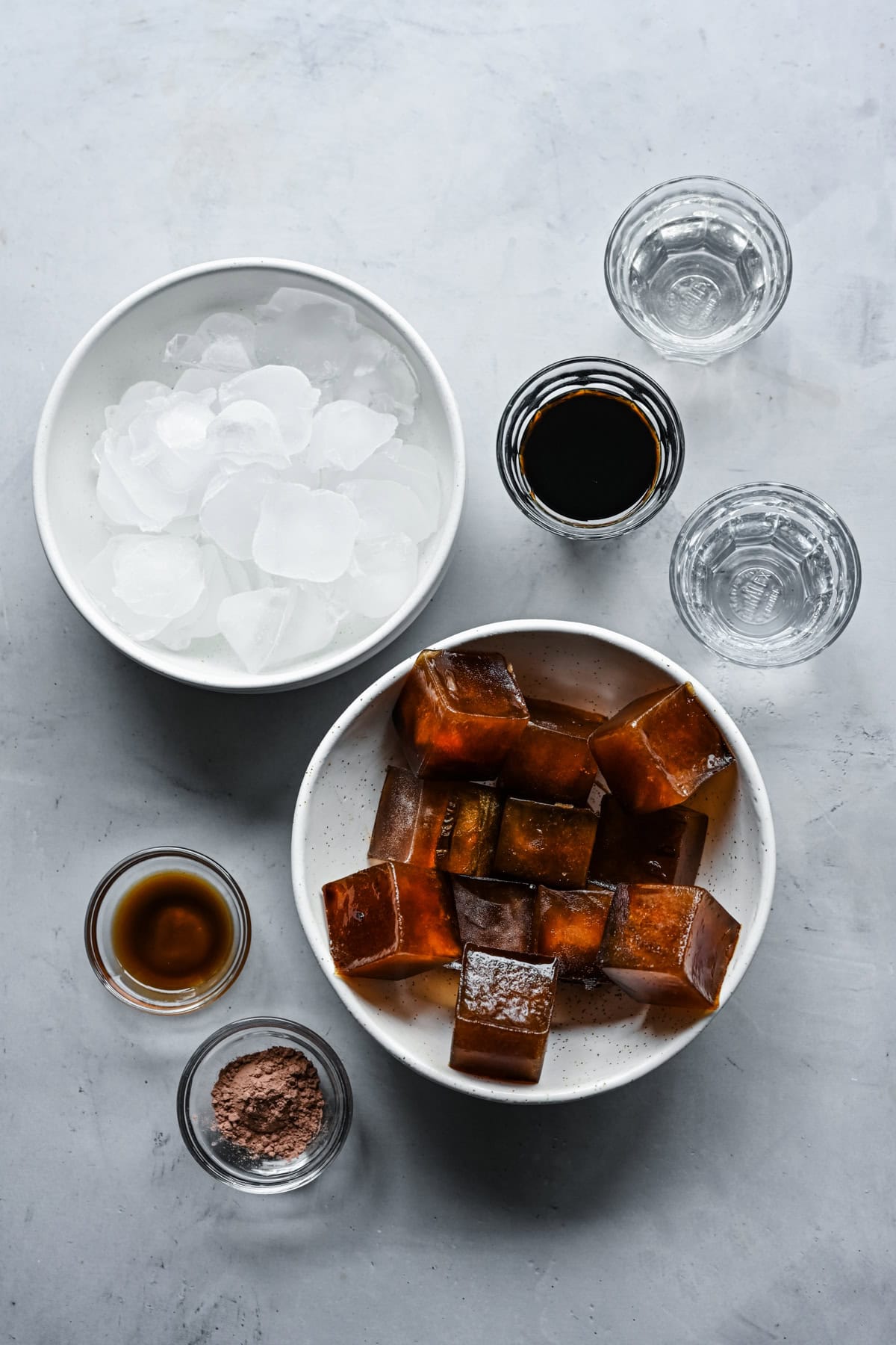 Overhead view of frozen espresso martini ingredients.