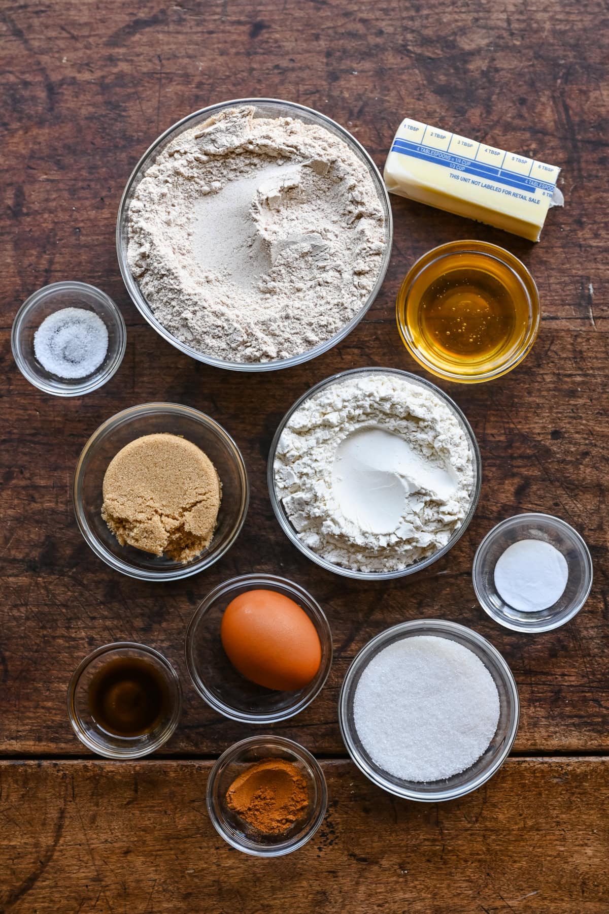 Overhead view of homemade graham cracker ingredients.