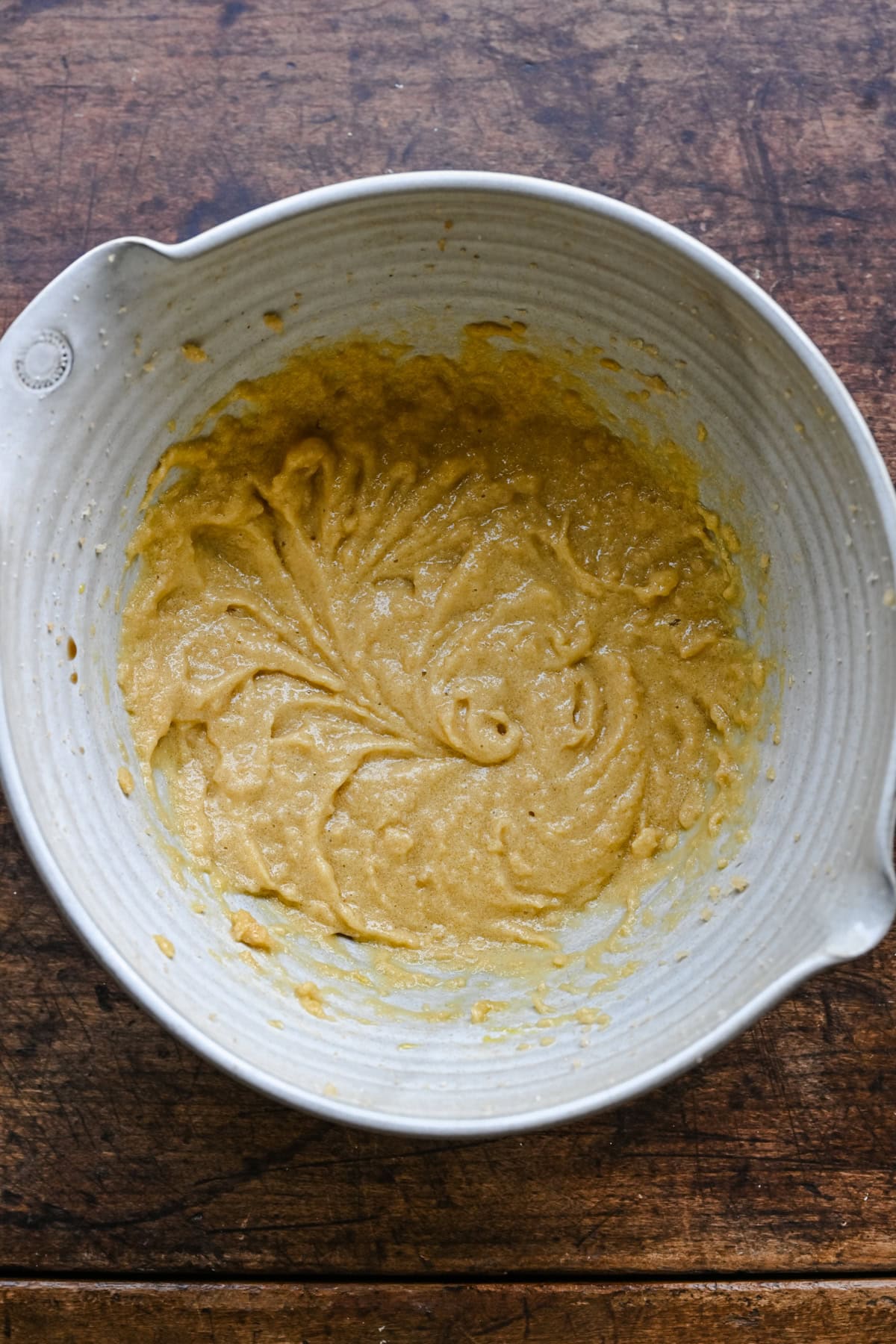 Wet and dry ingredients mixed together.