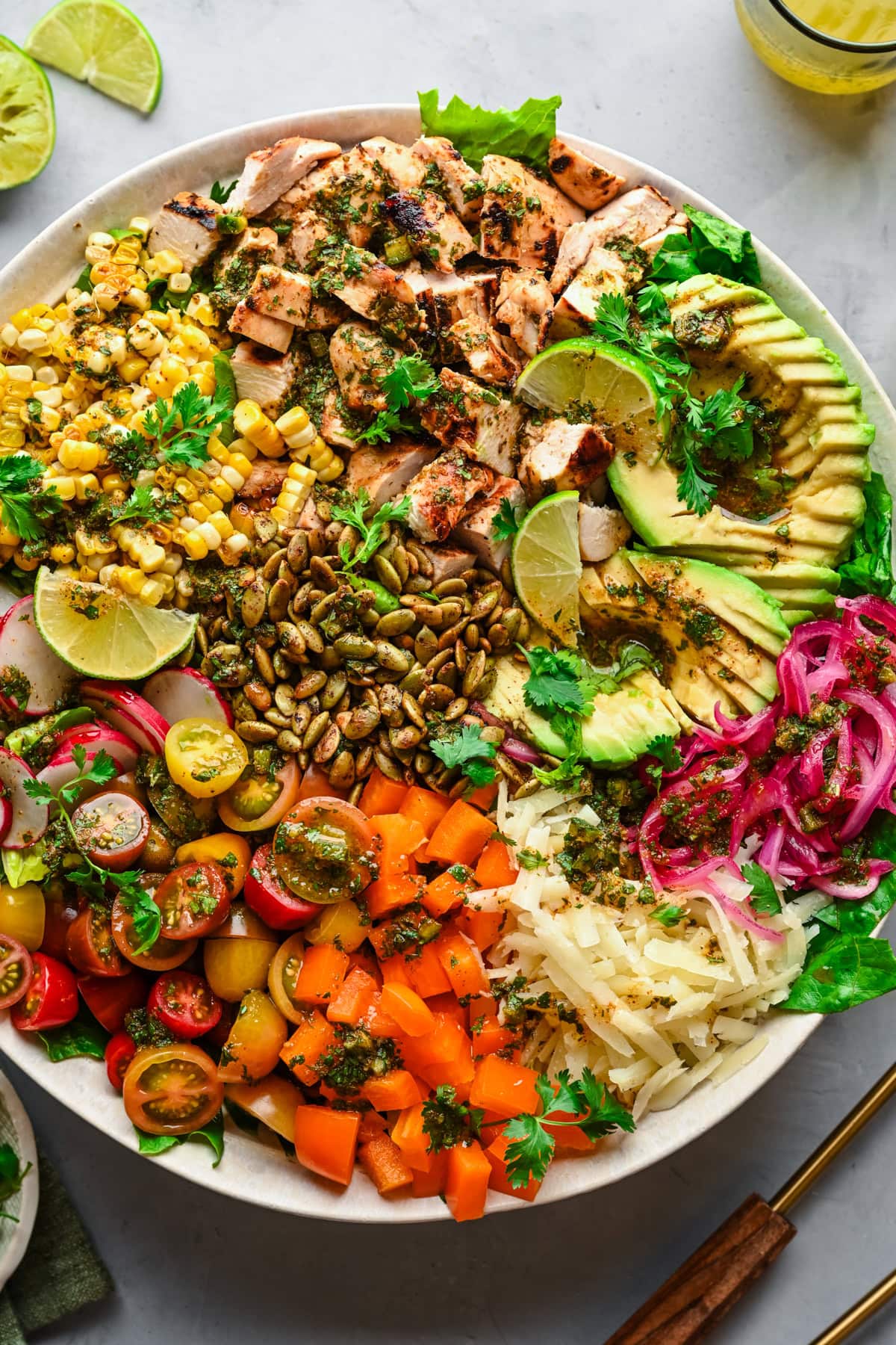 Overhead view of finished southwest chicken salad.