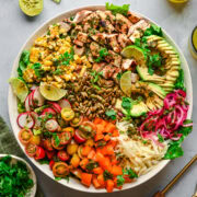 Overhead view of finished southwest chicken salad.