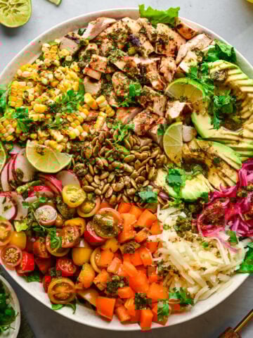 Overhead view of finished southwest chicken salad.